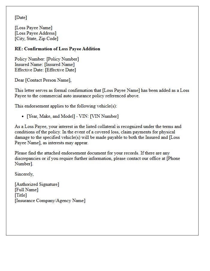 Commercial Auto Loss Payee Addition Endorsement Confirmation Letter