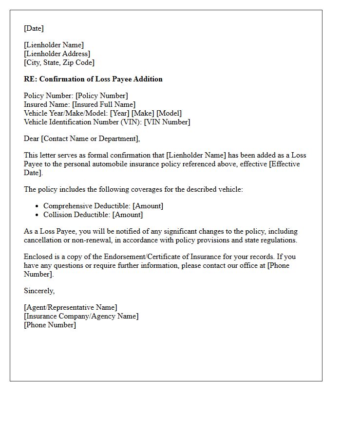Personal Auto Loss Payee Addition Endorsement Confirmation Letter