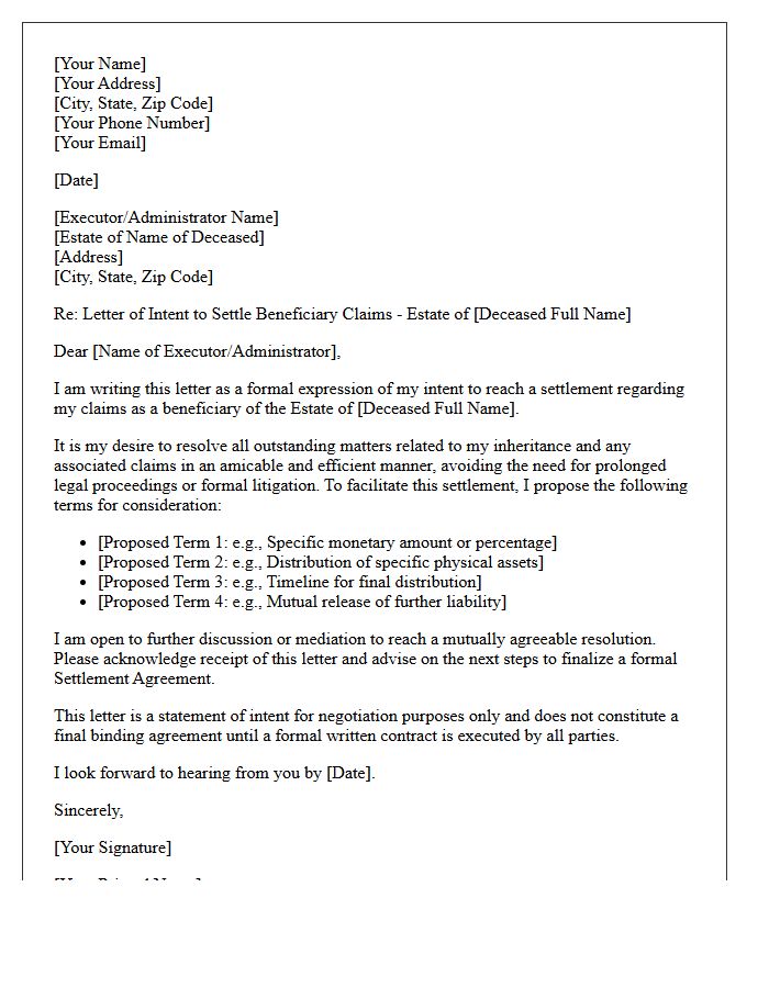 Letter of Intent to Settle Estate Beneficiary Claims