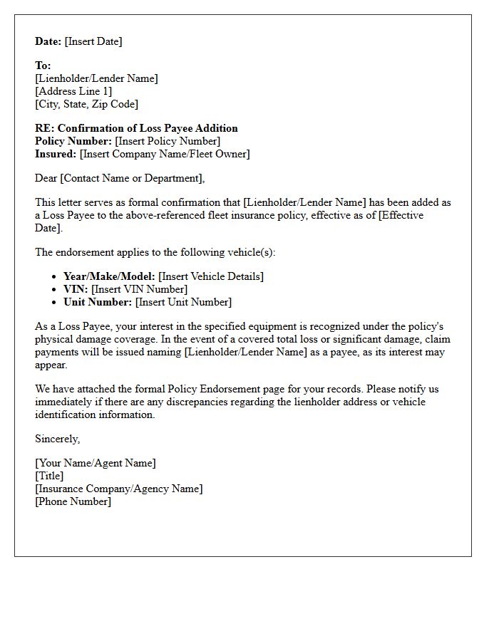 Fleet Insurance Loss Payee Addition Endorsement Confirmation Letter