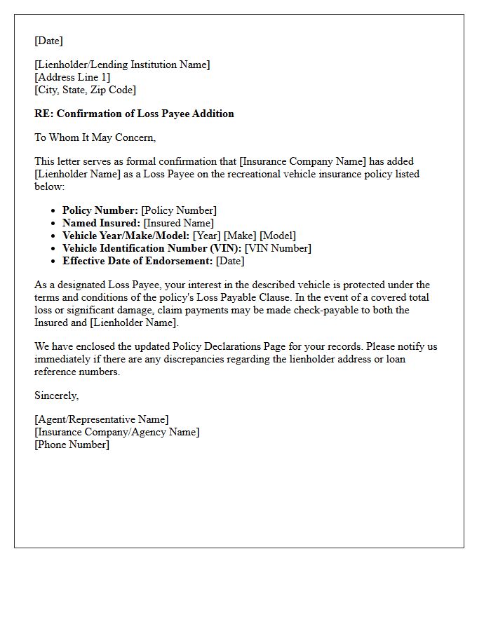 Recreational Vehicle Loss Payee Addition Endorsement Confirmation Letter