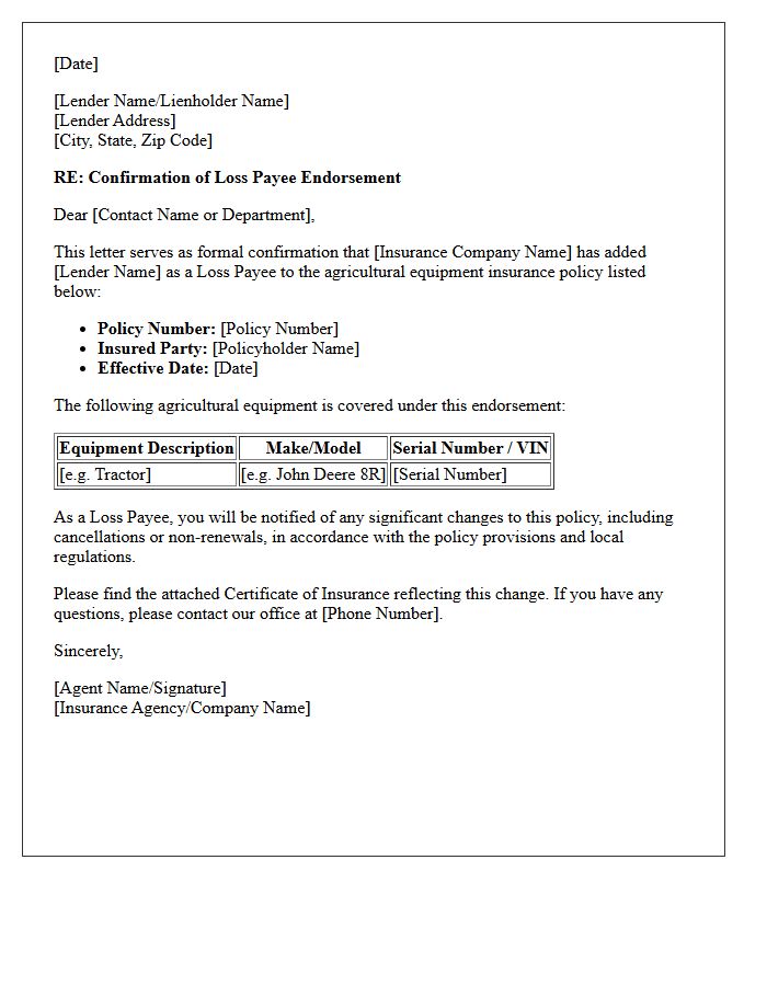Agricultural Equipment Loss Payee Addition Endorsement Confirmation Letter