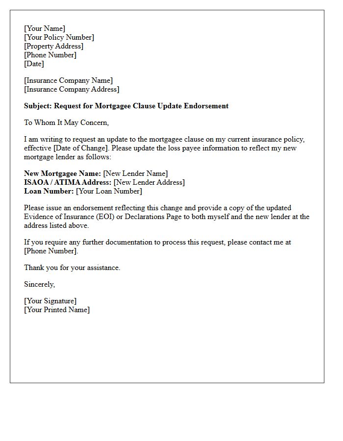 Insured Request for Mortgagee Clause Update Endorsement Letter