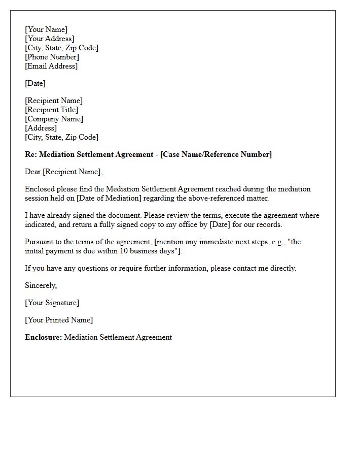 Mediation Settlement Agreement Enclosure Letter