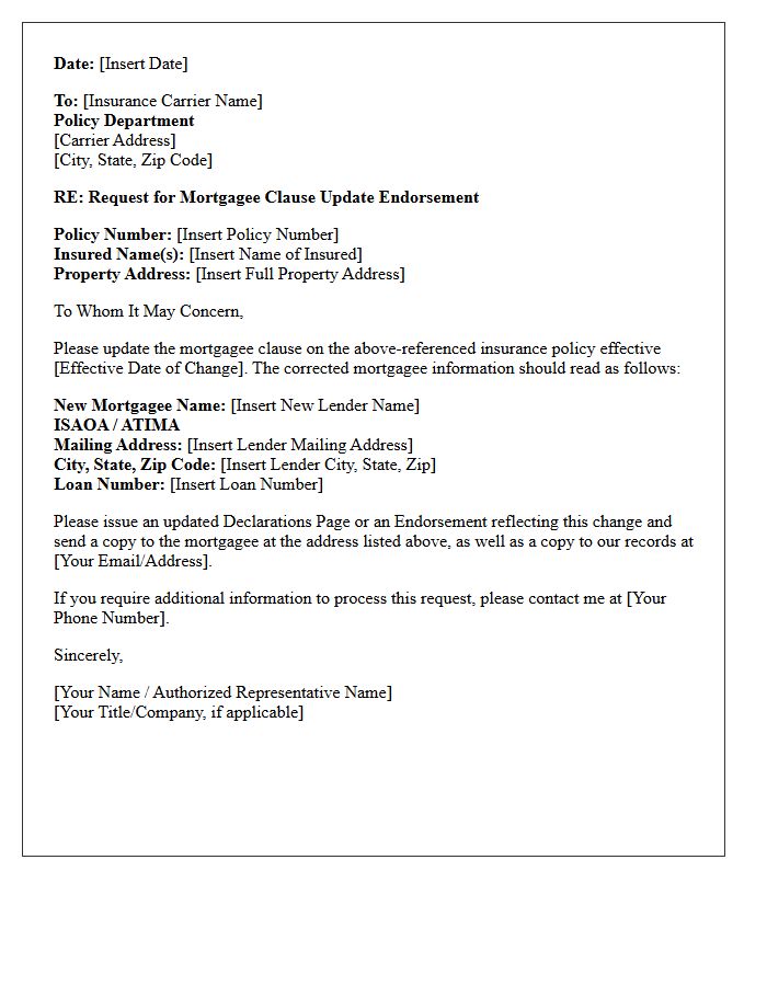 Carrier Submission for Mortgagee Clause Update Endorsement Letter