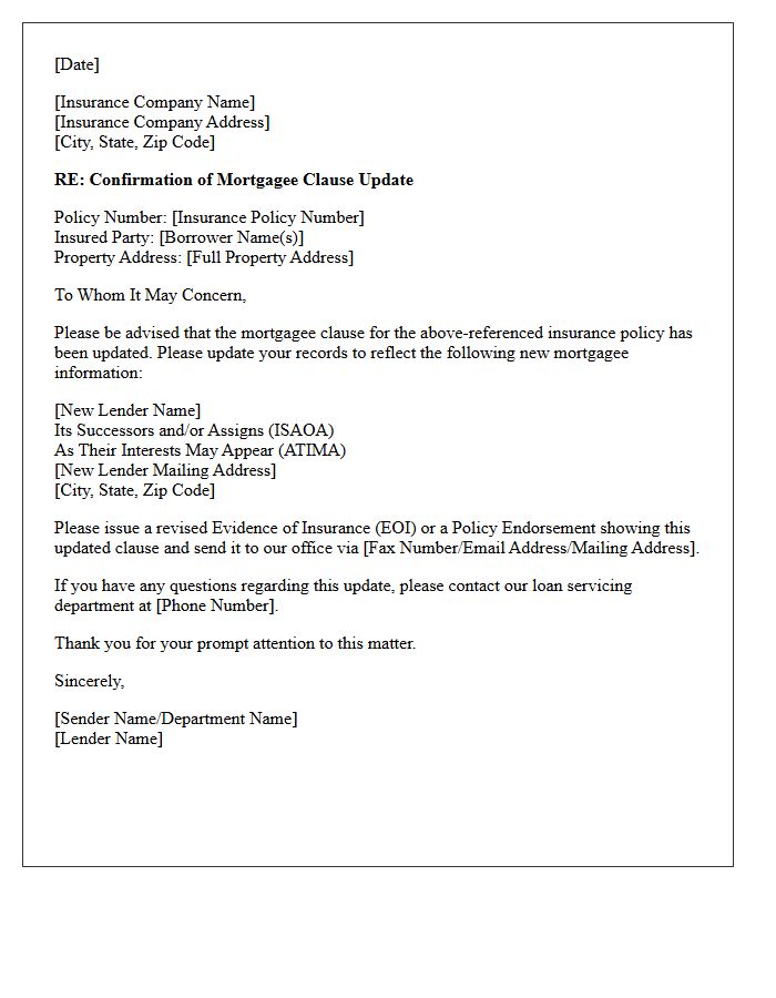Lender Confirmation of Mortgagee Clause Update Endorsement Letter