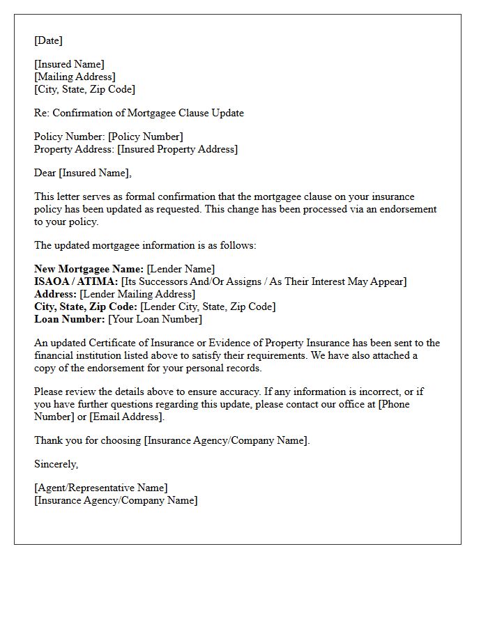 Insured Confirmation of Mortgagee Clause Update Endorsement Letter