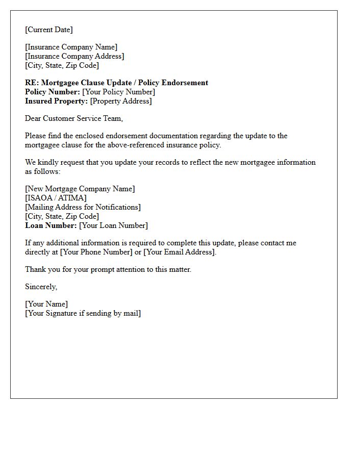 Endorsement Document Cover Letter for Mortgagee Clause Update