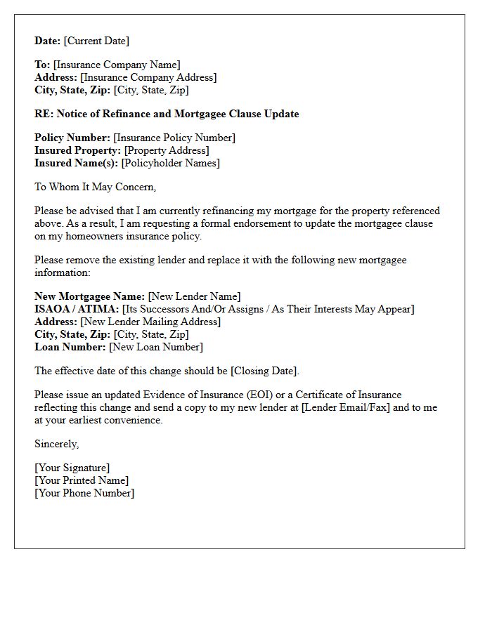 Refinance Mortgagee Clause Update Endorsement Letter