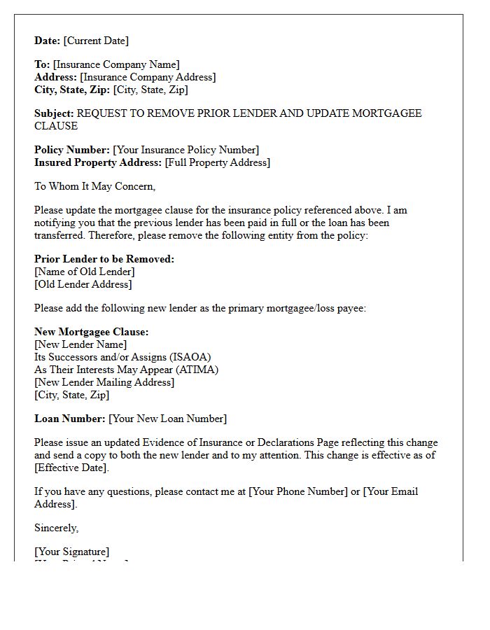 Prior Lender Removal and Mortgagee Clause Update Letter