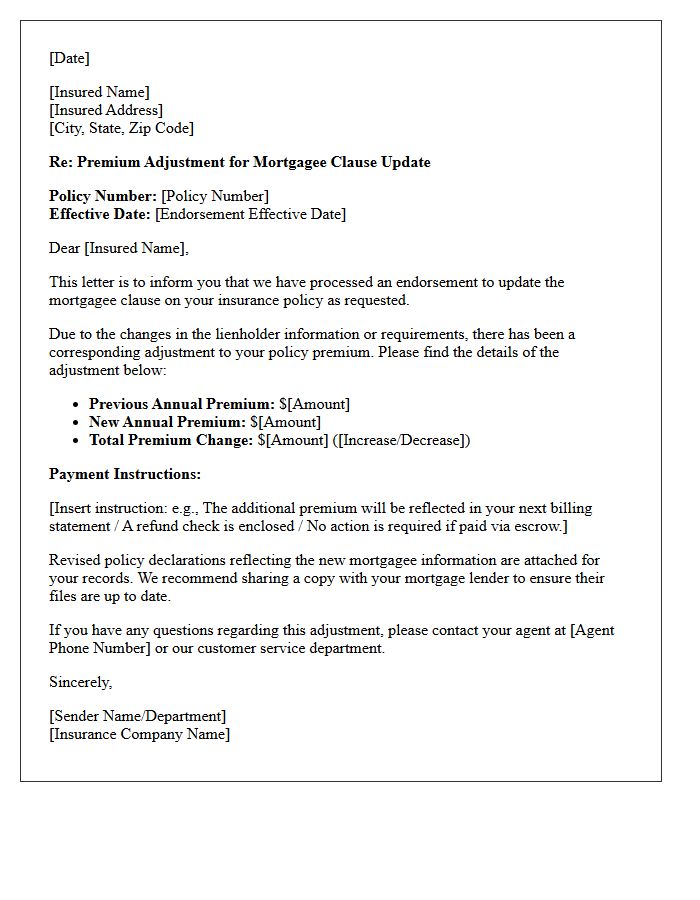 Premium Adjustment for Mortgagee Clause Update Endorsement Letter