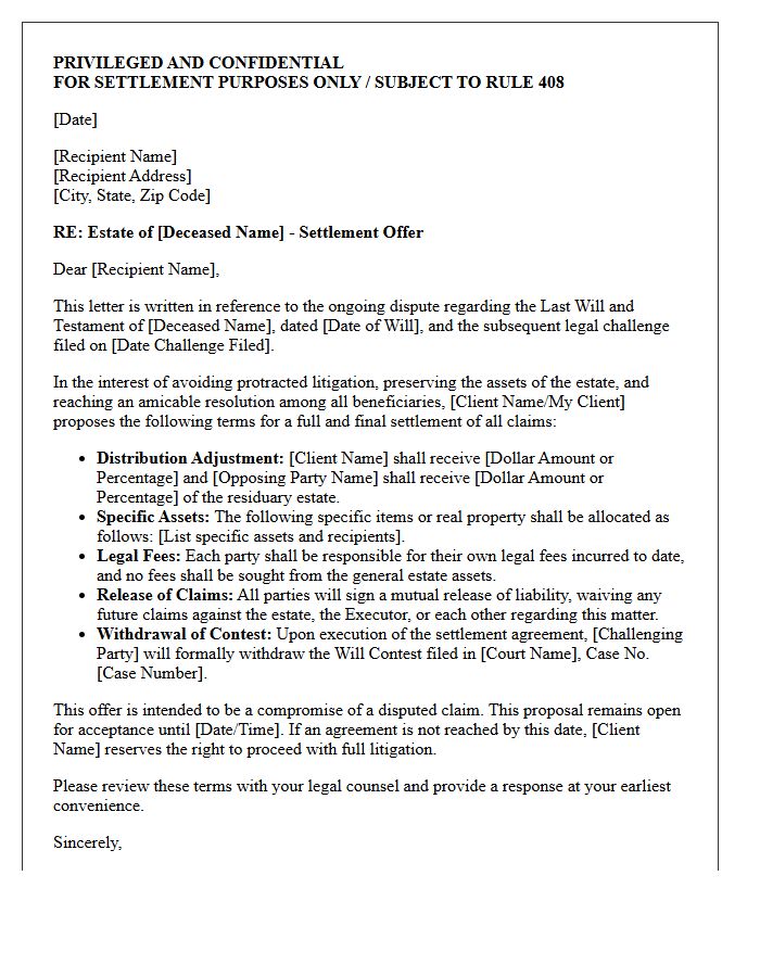 Will Contest and Beneficiary Dispute Settlement Letter