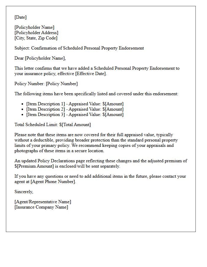 Standard Scheduled Personal Property Endorsement Confirmation Letter