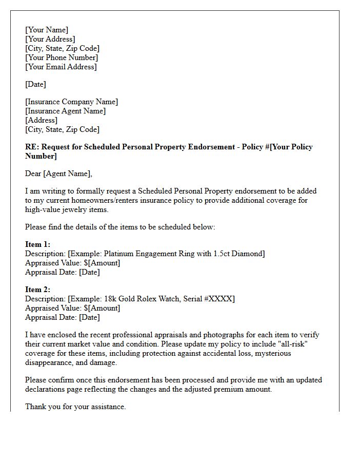 High-Value Jewelry Scheduled Personal Property Endorsement Letter