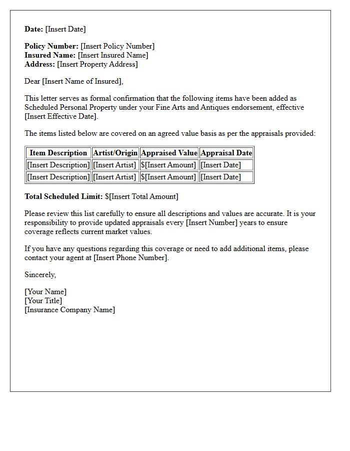 Fine Arts And Antiques Scheduled Personal Property Confirmation Letter