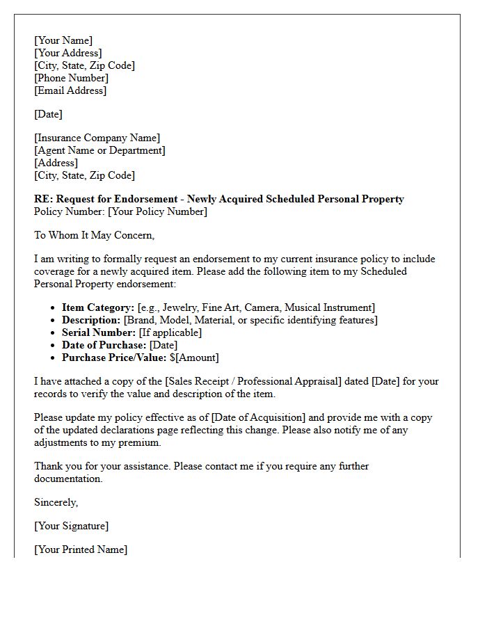 Newly Acquired Item Scheduled Personal Property Endorsement Letter
