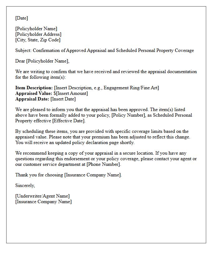 Appraisal Approved Scheduled Personal Property Confirmation Letter