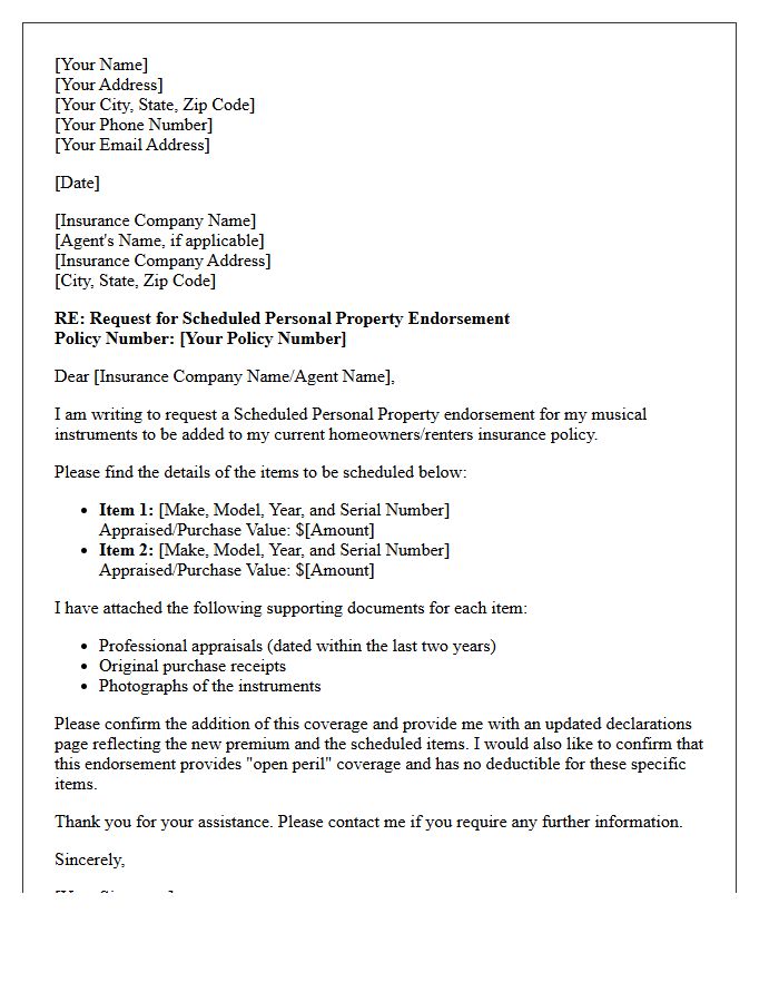 Musical Instrument Scheduled Personal Property Endorsement Letter