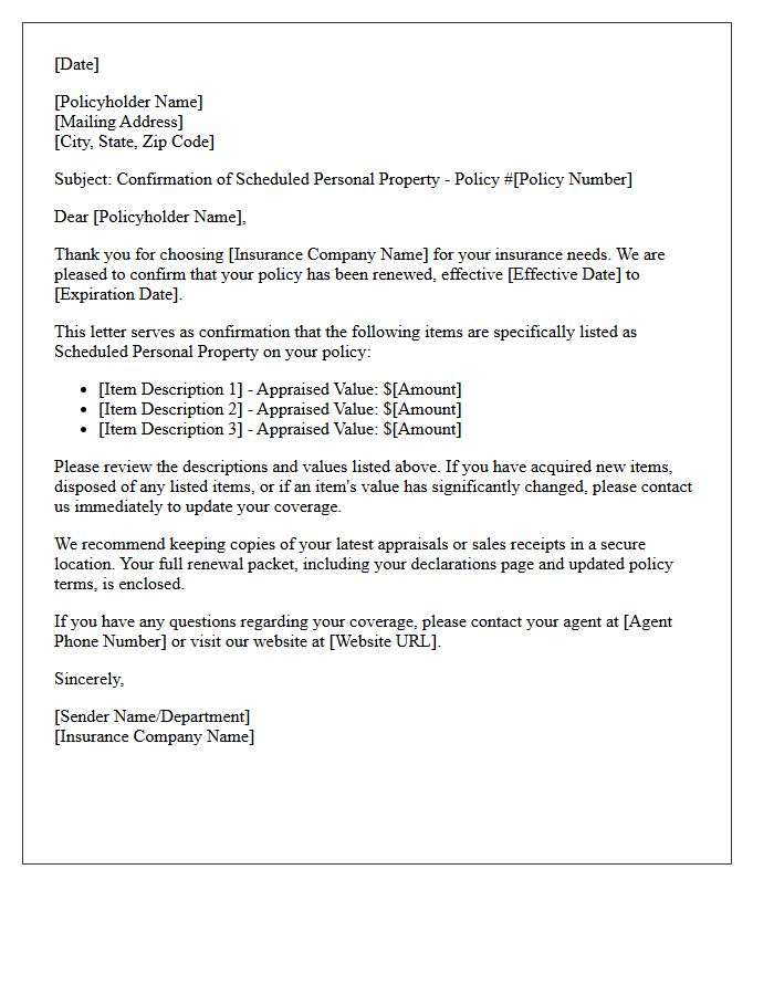 Policy Renewal Scheduled Personal Property Confirmation Letter