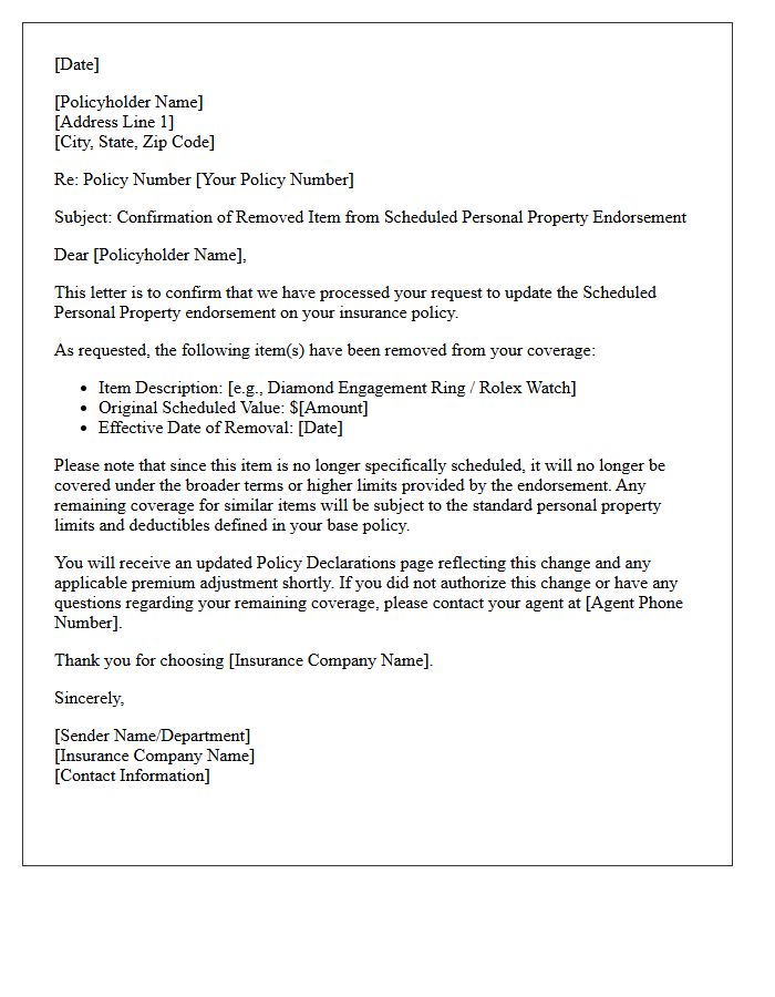 Removed Item Scheduled Personal Property Endorsement Update Letter