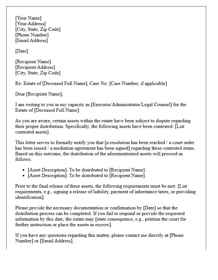 Letter Regarding Distribution of Contested Estate Assets