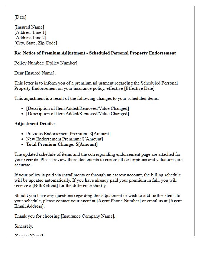 Premium Adjustment Scheduled Personal Property Endorsement Letter