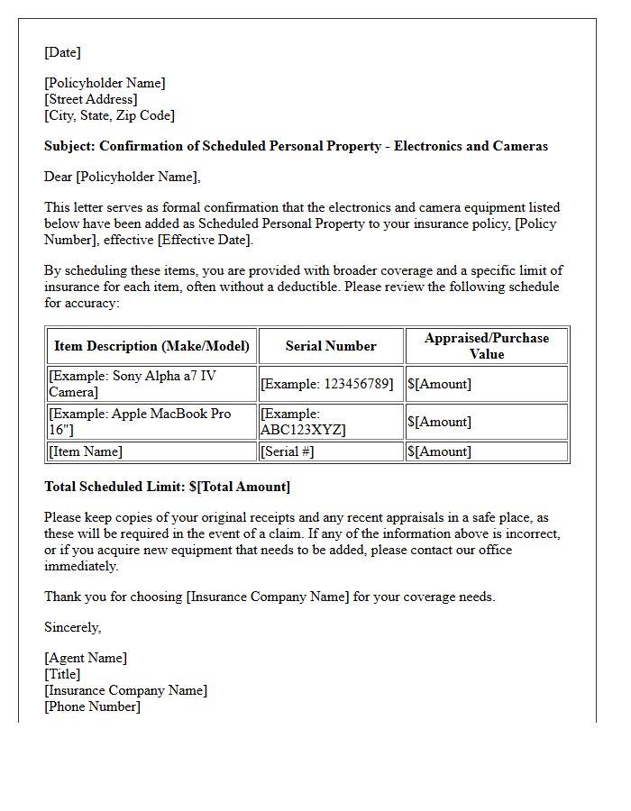 Electronics And Cameras Scheduled Personal Property Confirmation Letter