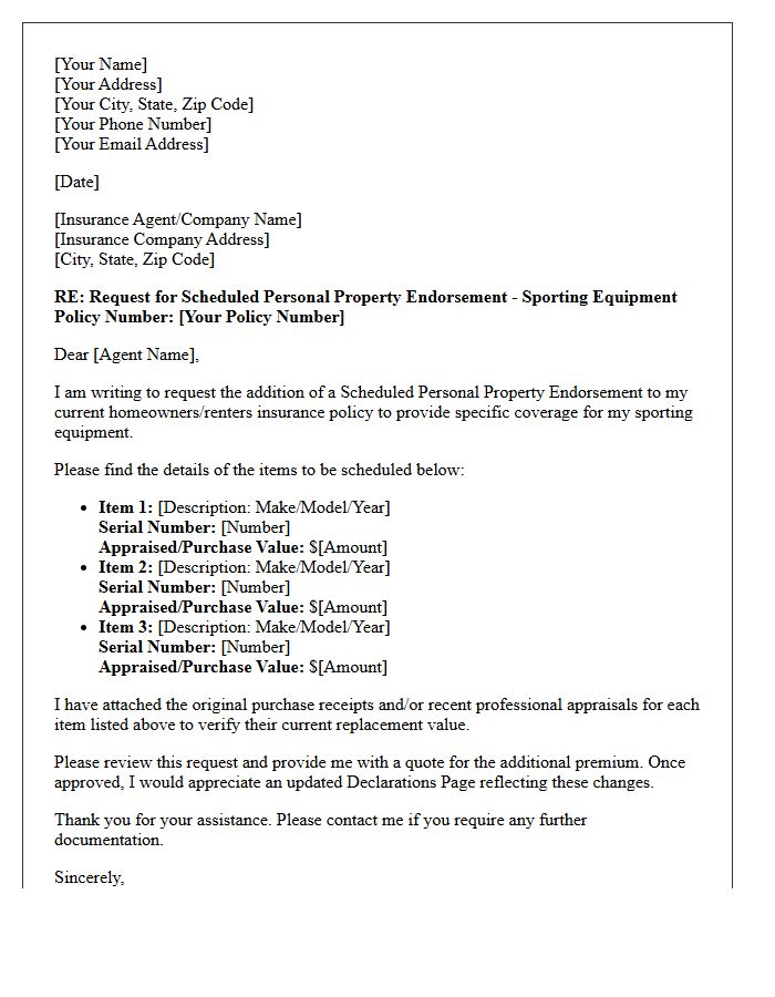 Sporting Equipment Scheduled Personal Property Endorsement Letter