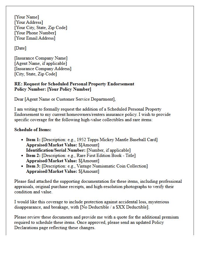 Collectibles And Rare Items Scheduled Personal Property Endorsement Letter