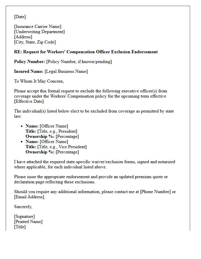 Initial Workers Compensation Officer Exclusion Endorsement Request Letter