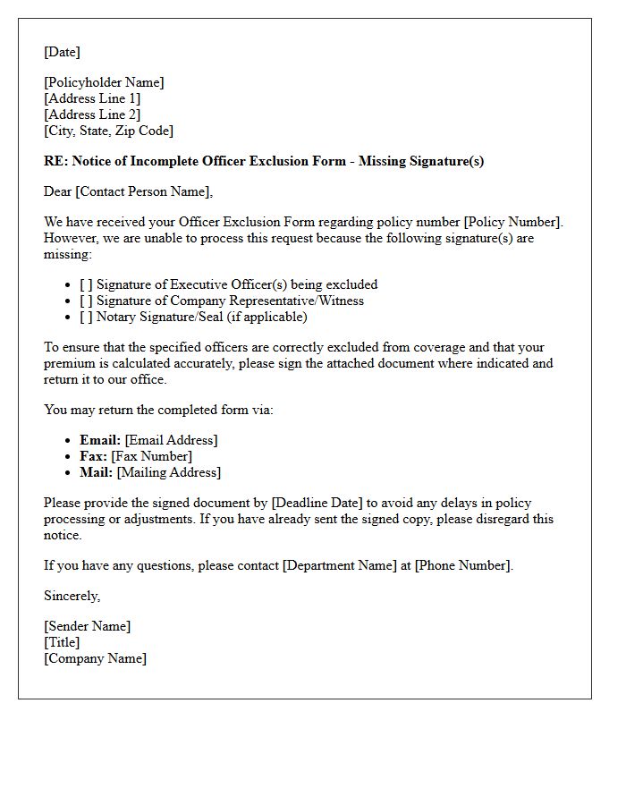 Missing Signatures Notification Letter for Officer Exclusion Form