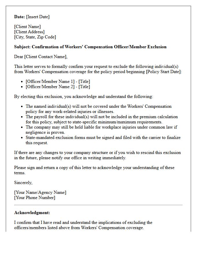 Client Confirmation Letter for Workers Compensation Officer Exclusion
