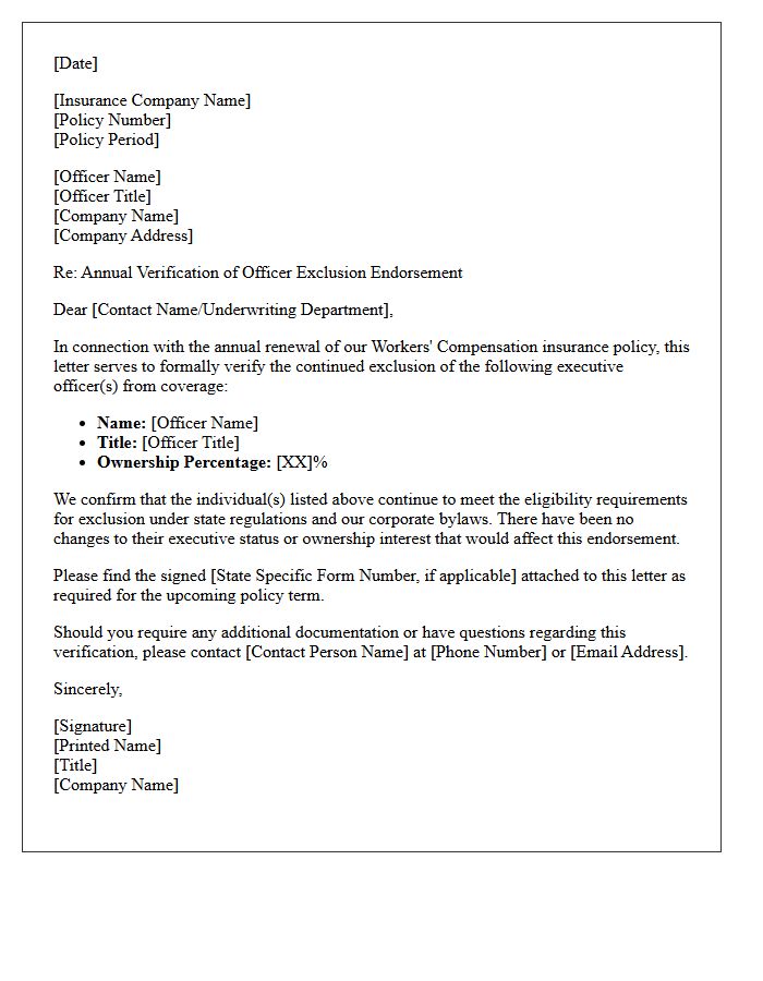Annual Renewal Letter for Officer Exclusion Endorsement Verification