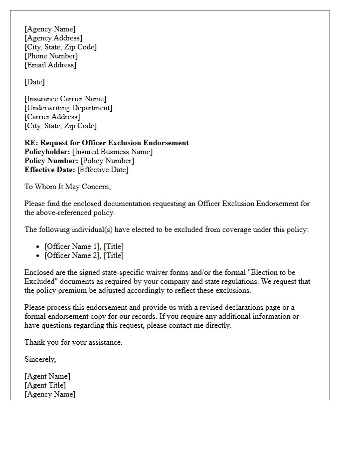 Insurance Agency Cover Letter for Officer Exclusion Endorsement
