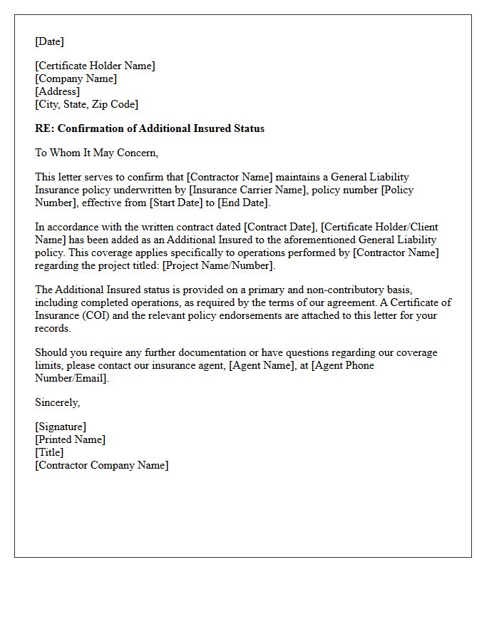 Contractor General Liability Additional Insured Confirmation Letter