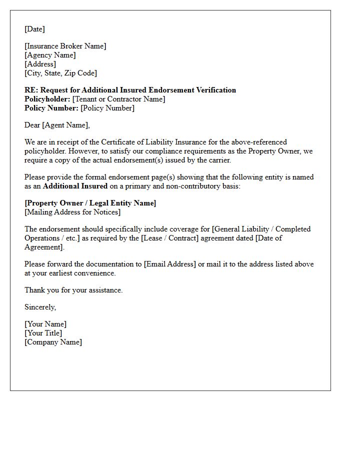 Property Owner Additional Insured Endorsement Verification Letter