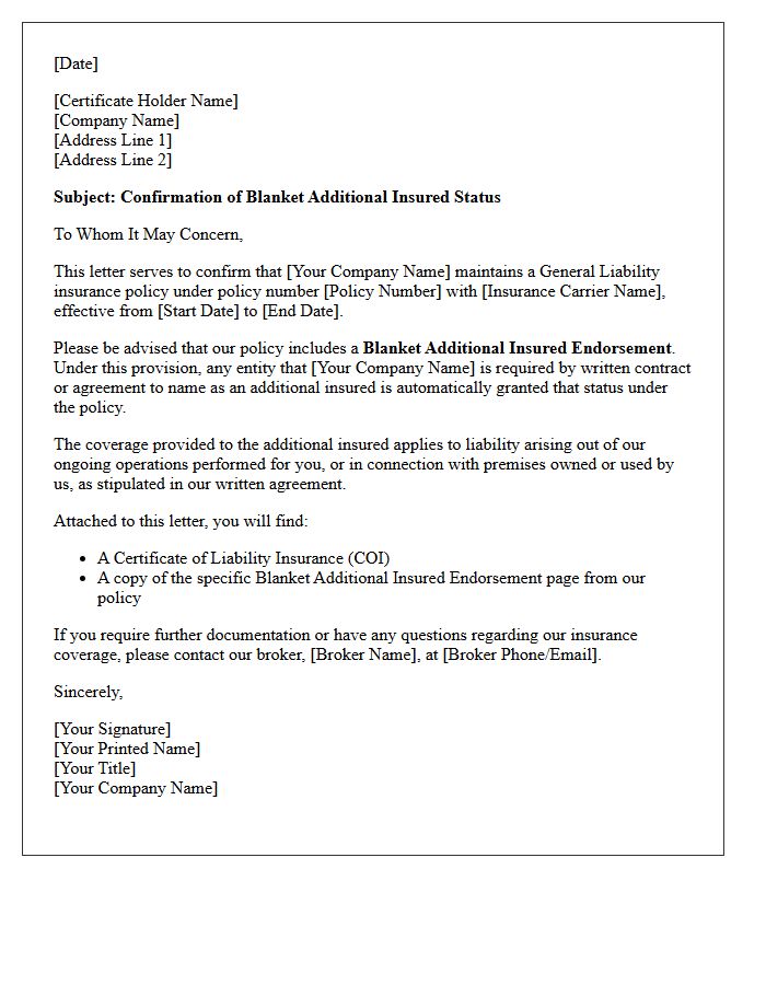 Blanket Additional Insured Endorsement Confirmation Letter