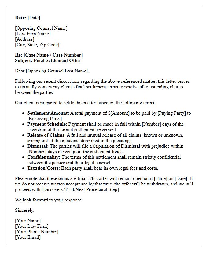 Letter Conveying Final Settlement Terms to Opposing Counsel