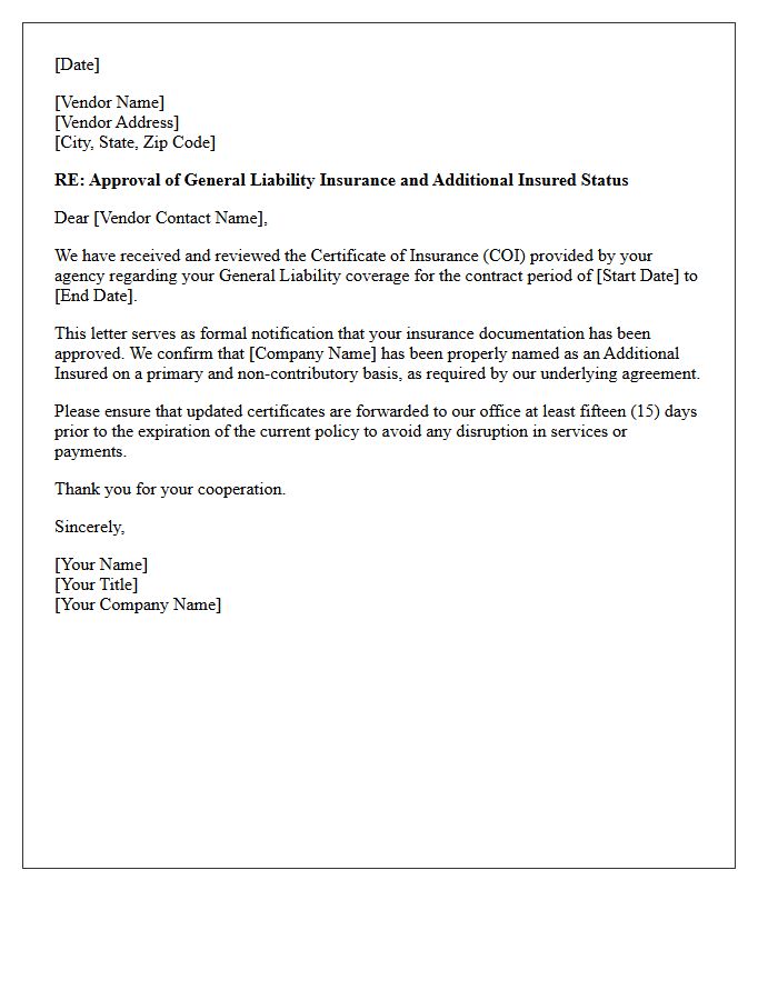 Vendor General Liability Additional Insured Approval Letter