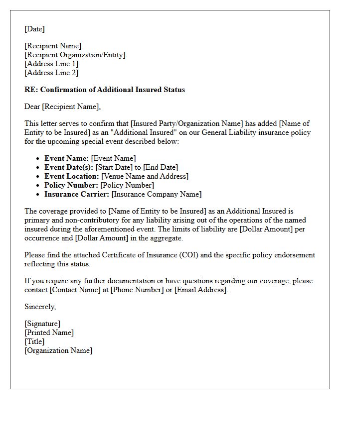 Special Event Additional Insured Liability Confirmation Letter