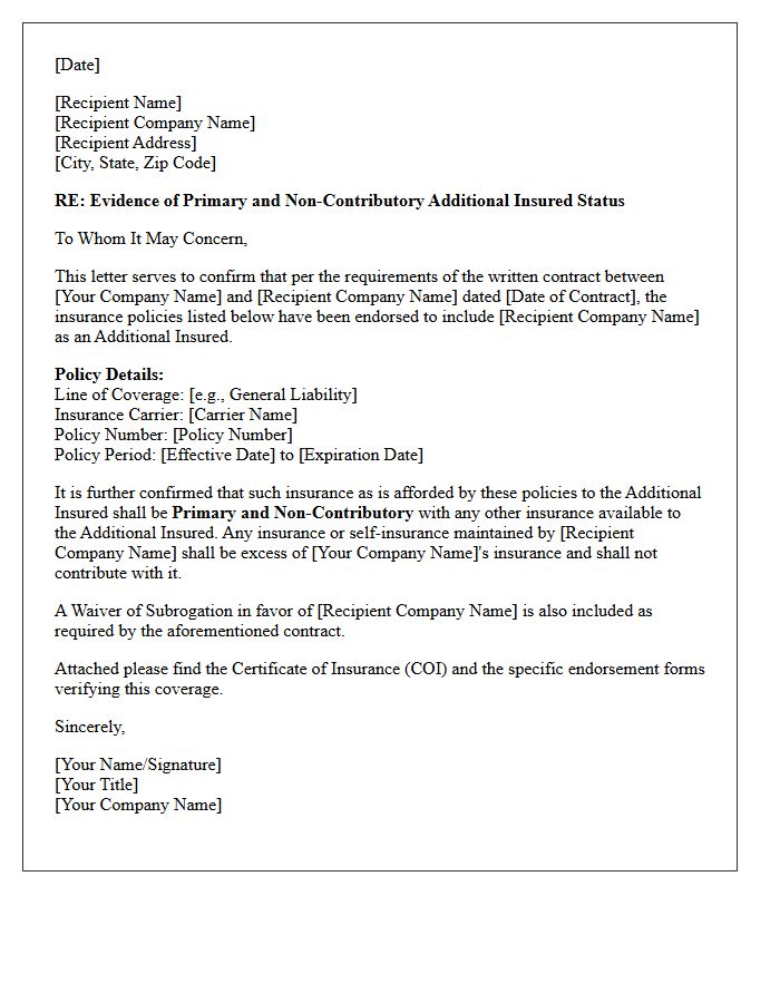 Primary And Non-Contributory Additional Insured Endorsement Letter