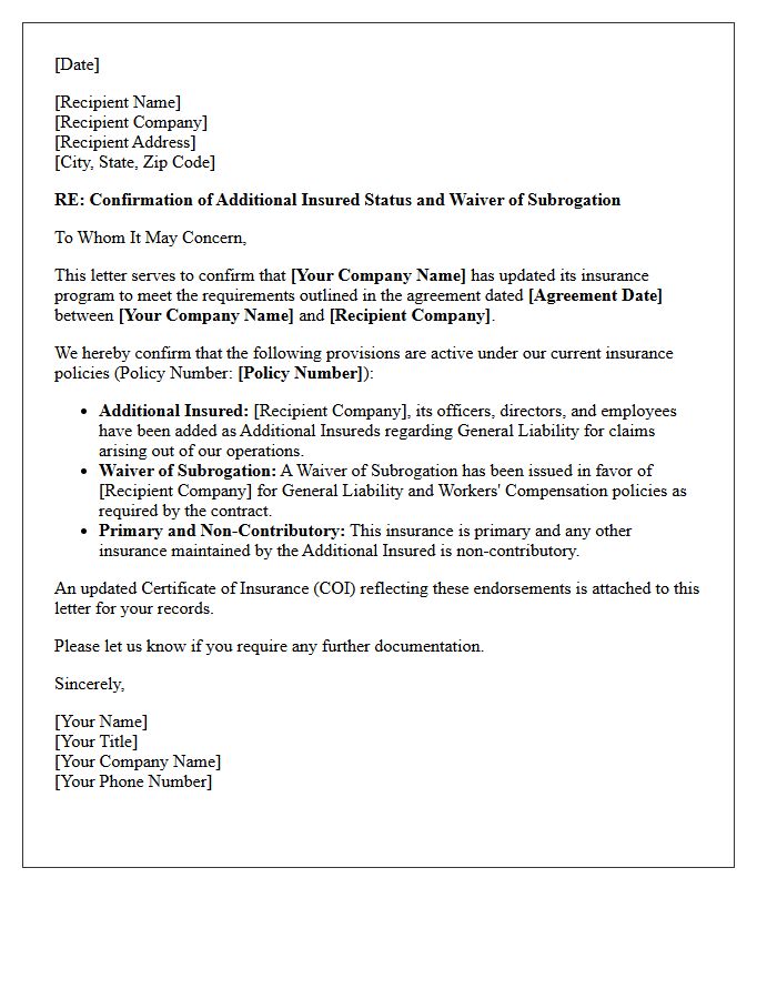 Additional Insured And Waiver Of Subrogation Confirmation Letter
