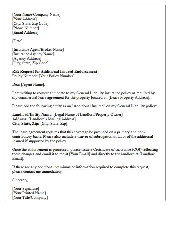 Commercial Lease General Liability Additional Insured Letter