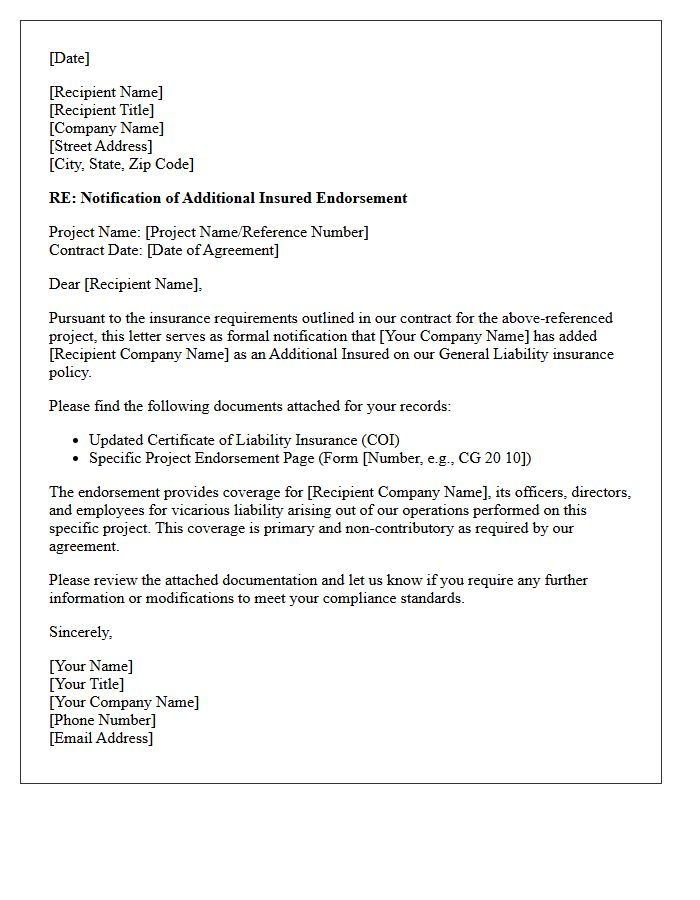 Specific Project Additional Insured Endorsement Notification Letter