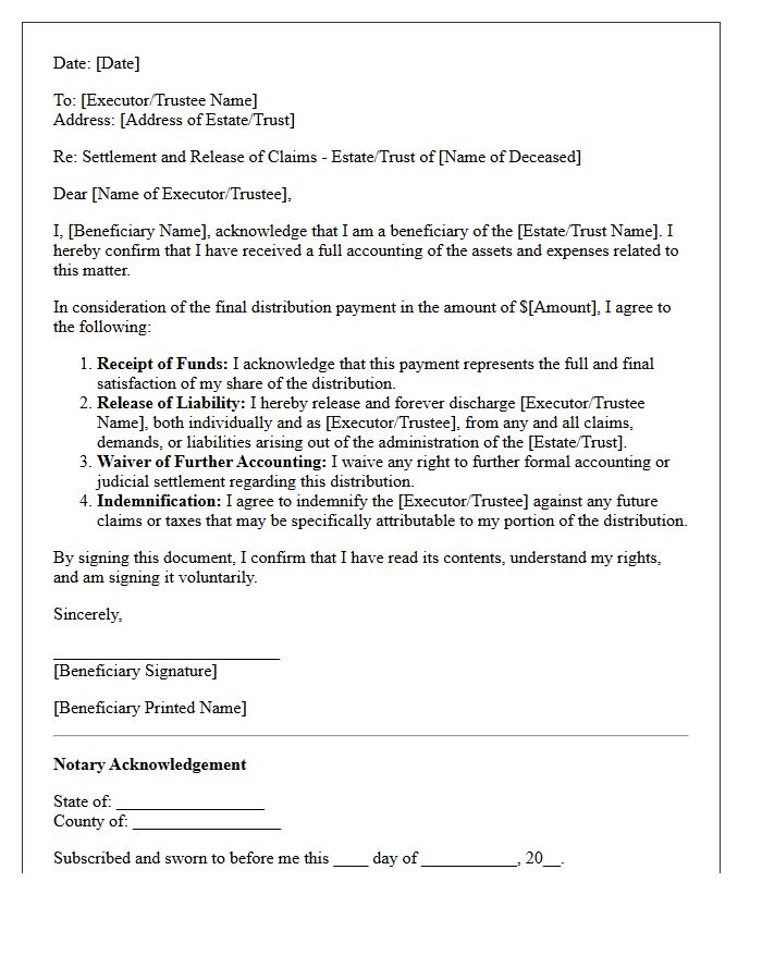 Beneficiary Release of Claims Settlement Letter