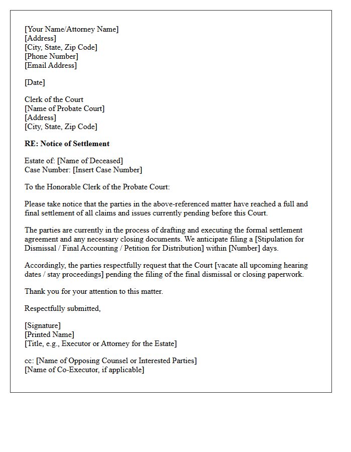 Notice of Settlement Letter to the Probate Court