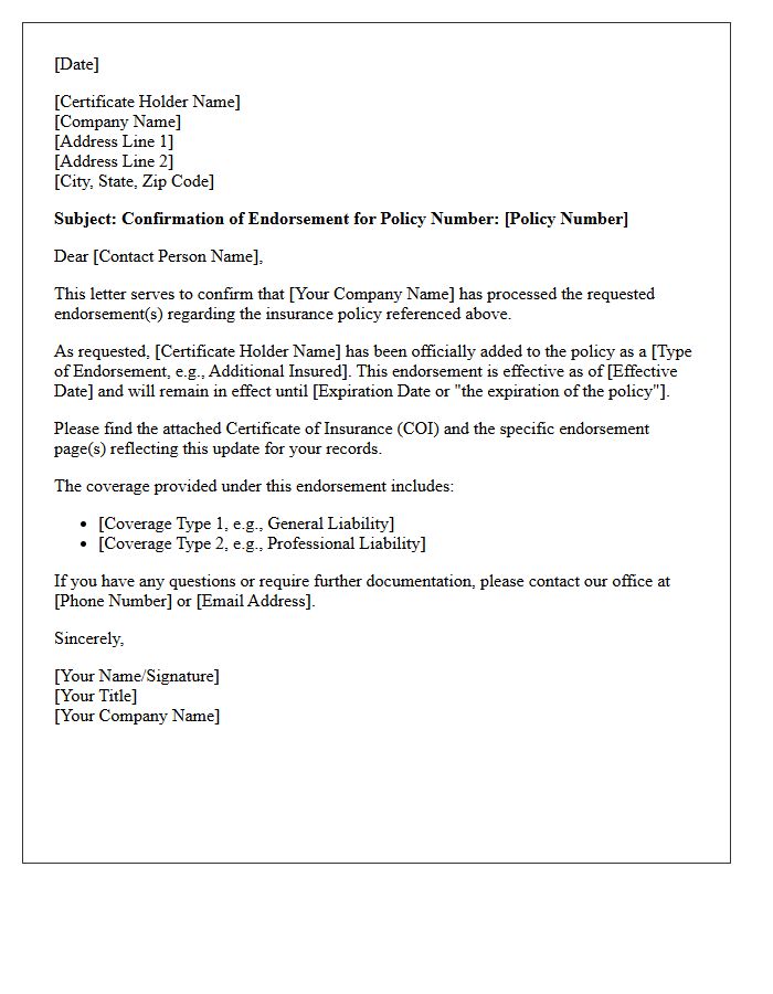 Certificate Holder Endorsement Confirmation Letter