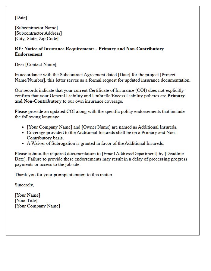 Subcontractor Primary Endorsement Requirement Letter