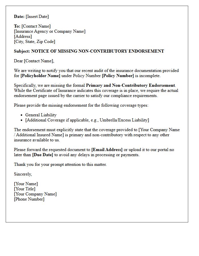 Notice of Missing Non-Contributory Endorsement Letter