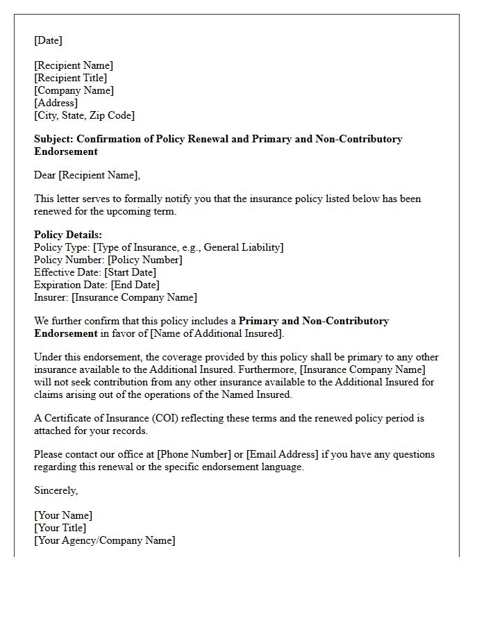 Policy Renewal Primary and Non-Contributory Endorsement Letter